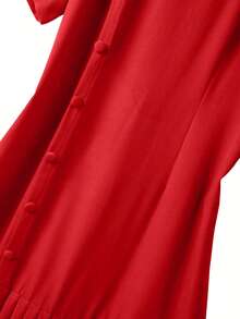 GlowEve CURVE Plus Size Women's Solid Color Round Neck Short Sleeve Button Design Pleated Hem Elegant Dress - Red - View 6