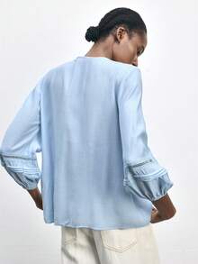 Maija Chic And Cool Women's Blue Ruffled Lace Patchwork Loose Casual Blouse Baby Blue Top Women Spring Summer Beach Outfits Women's Blouses For Summer Light Blue Top Ruffle Blouse Light Blue Blouse - Blue - View 5