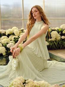 MOTF PREMIUM WOMEN'S PLEATED ROMANTIC A-LINE 2 PIECES SET, SPRING/SUMMER - Green - View 2