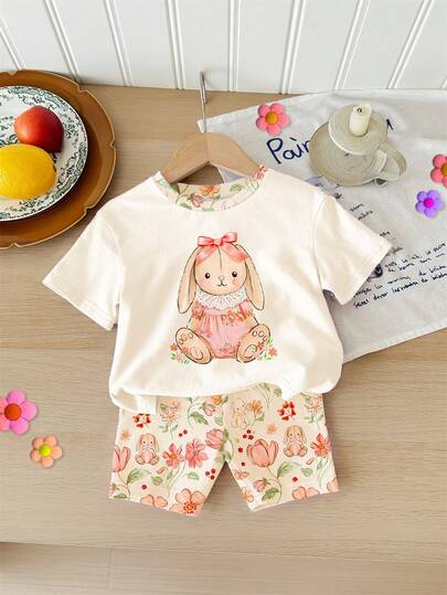 SHEIN 奶油白，超可爱甜美3D蝴蝶结，蕾丝裙兔子插画图案，春夏波西米亚风印花休闲宽松圆领短袖T恤搭配紧身骑行短裤，适合春夏日常、居家、度假、节日、复活节、农场、户外、野餐等场合。