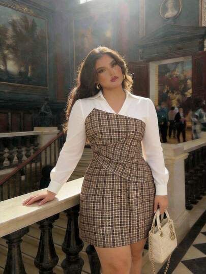 SHEIN MOD Plus Size Women's Long Sleeve PU Colorblock Mini Ruffle Fashion Short Dress, Black And White Dress Women, Faux Leather Dress, Collared Dress,Halloween Clothes Women,Goth,2 In 1, Long Sleeve.Plus Size Brown Plaid Dress Collared Neckline Long Sleeves Mixed Fabrics Tweed Texture White Contrast Top Asymmetric Bodice Unique Draping Tailored Waist Classic Check Pattern Structured Silhouette A-Line Skirt Gentle Sheen Elegant Detail Soft Finish Comfortable Fit Artistic Design Timeless Style Versatile Color Refined Look