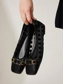 CUCCOO CHICEST Square Toe Loafers, Soft Sole Mesh Strap Fashionable Elegant Versatile Comfortable Slip-On Apricot Flat Shoes - Black - View 8