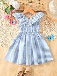 SHEIN Young Girl Blue & White Striped Bow Ruffle Trim Short Sleeve Pink Casual Dress, Fashionable Everyday Wear For Infants, Spring/Summer Resort - Blue - View 2