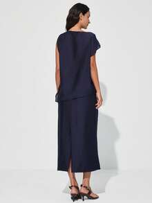 Aveloria Modichic Modisches Design, lässiger Urlaubsstil, minimalistisch, locker, lässig, leicht, asymmetrischer Ausschnitt mit exquisiter Metallverzierung Top, kombiniert mit geradem Rock, 2-teiliges Set, Off-Shoulder - Schwarz - Übersicht 6