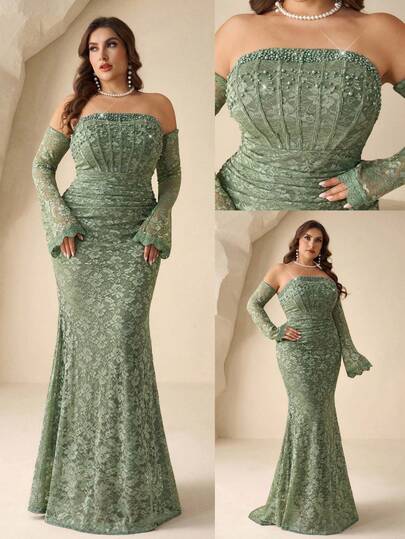 Coutiva Women's Off-Shoulder Lace High-End Evening Dress, Beaded Formal Gown With Elegant Vibe Luxury Evening Gown, High-End Formal Dress, Elegant And Sophisticated Lady-Like Style Elegant Sequin Embellished Long Sleeve Dress, High-End Formal Gown For Banquet Women's Formal Evening Dress Gown (Heavy Embroidery) Women Rhinestone Embellished Sheer Green Long Evening Gown, Wedding Guest Dress, Elegant Evening Dress, Prom Dress, For Wedding Dress Waist And Chest Slimming, Party Dress, Formal Dress