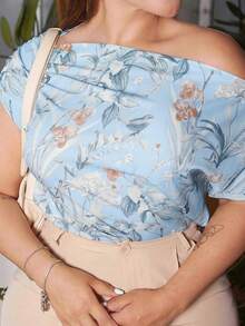 Lupita Cardoza 女士斜肩宽松印花衬衫，新年夏日度假女装 - 藍色 - 查看 6