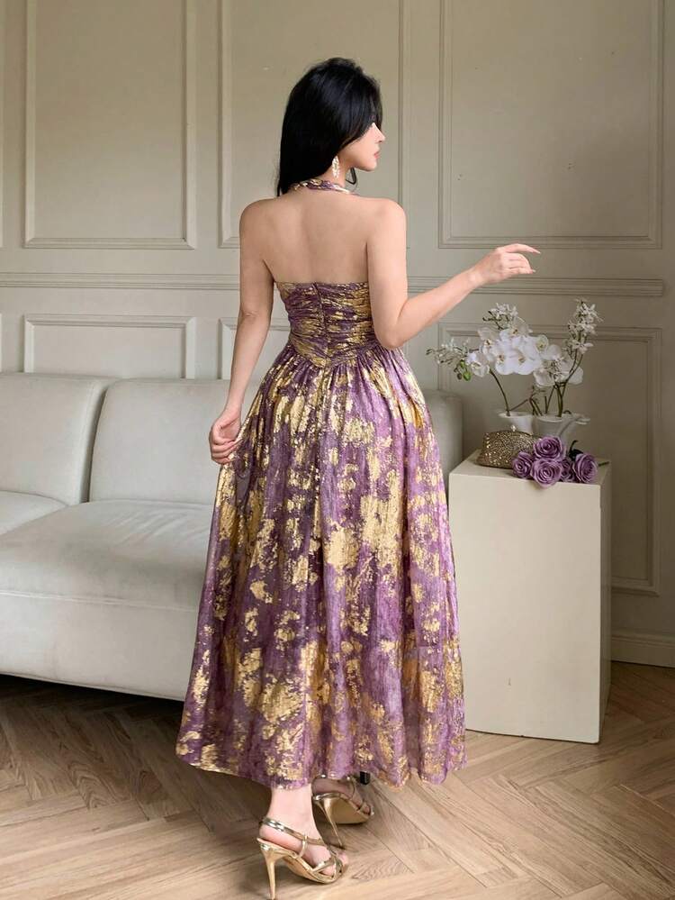 Women's Elegant Floral Print Halter Neck Backless Waist Cinched Mid-Length Dress, Summer Cocktail Dress