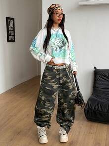 Coolane Coolgirl 女士秋冬街头风嘻哈印花宽松长袖T恤 - 綠色 - 查看 6