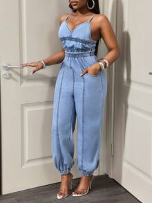 Slaydiva Bộ áo liền quần denim nữ kiểu dáng thường ngày, chất liệu denim bạc màu. - Màu xanh lam - Xem 3