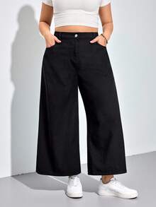 SHEIN CURVE+ Plus Size Casual Versatile Solid Color Wide Leg Jeans Spring To Summer Carnival Costume Commuting Vacation Graduation Chic Y2k Cute Streetwear Party Wedding Elegant Business Casual Woman Plus Size Women's Black Denim Wide Leg Jeans Skin-Friendly Up To 8XL - Black - View 3