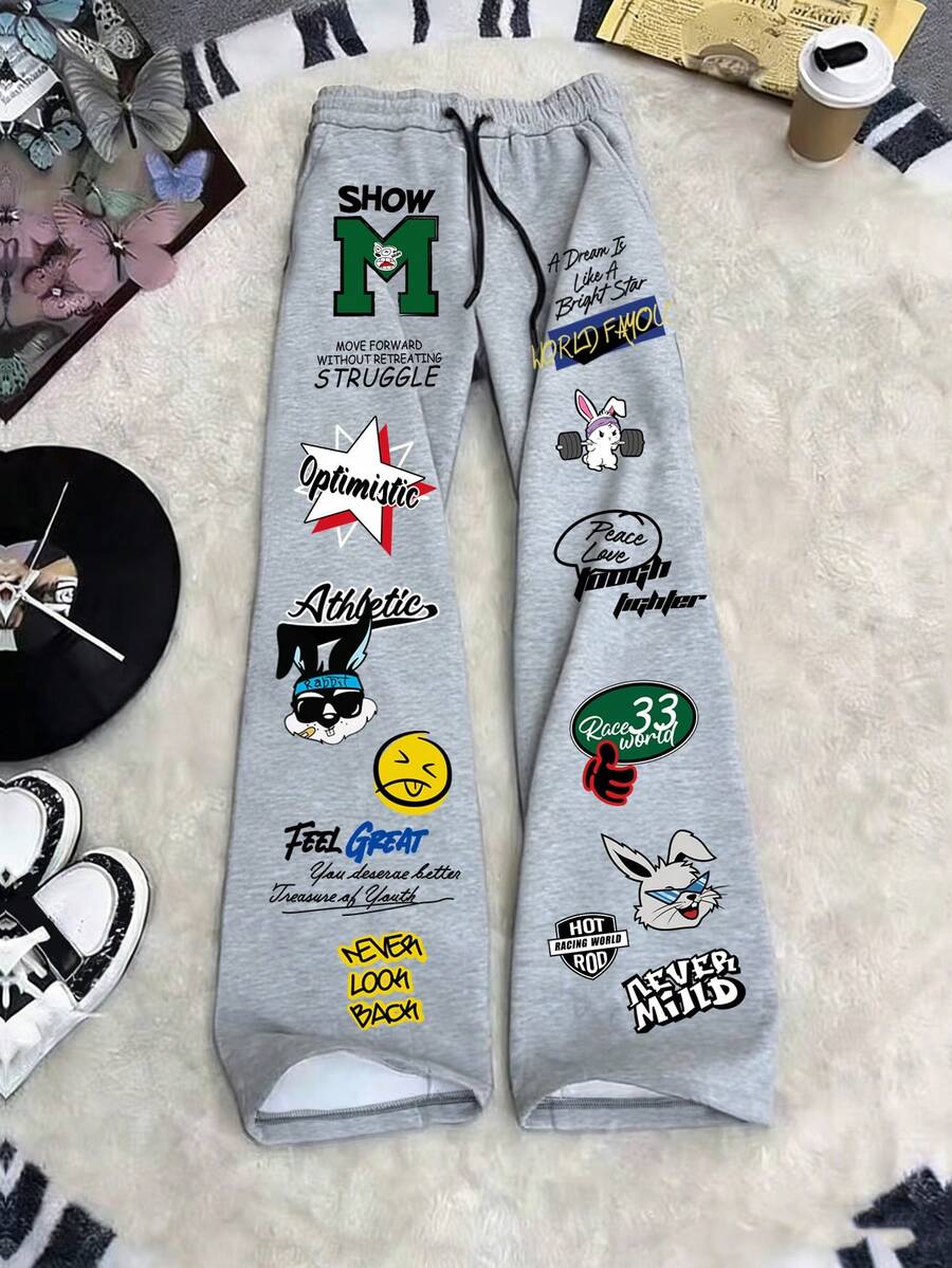 Chillumni Quần nỉ ống rộng màu xám in họa tiết kết hợp khẩu hiệu truyền cảm hứng, hình thỏ hoạt hình và chữ cái. - Nhiều màu - Xem 1