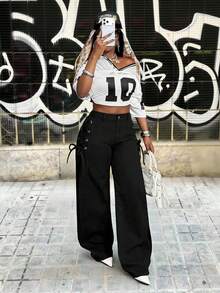 Slaydiva 女士高腰侧边系带阔腿宽松休闲牛仔裤 - 黑色 - 查看 6