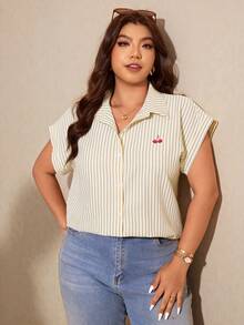 Elaquor Plus Size Women Striped Batwing Short Sleeve Single-Breasted Casual Shirt Summer Casual Vacation Blouse For Women - Yellow - View 5