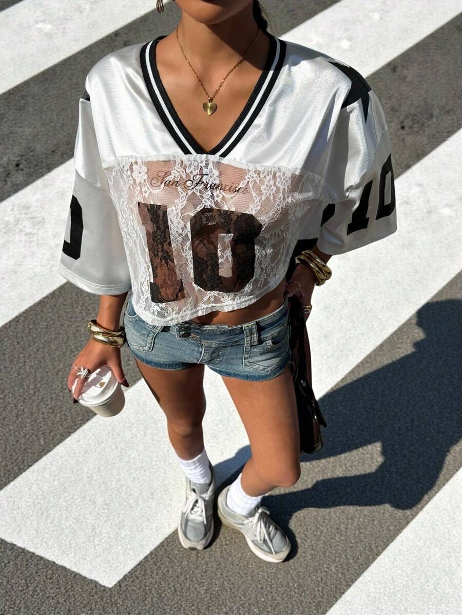 Muchica Women's V-Neck Lace-Trimmed Graphic Number T-Shirt,Black And White,Summer,Streetwear,City Break,Back-To-School,Y2K Cute Concert Sports Loose Tee - Black - View 1