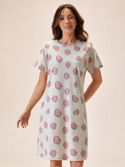Loomlin Camisola feminina de algodão com gola redonda e estampa de morango, manga curta, confortável, para usar em casa ou dormir.
