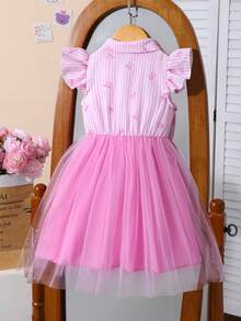 1pc Girls Sweet School Style Pink & White Striped Textured Collar Flare Sleeve Bow Print Mesh Dress, Cute Princess Style For Daily Wear, Birthday Party, Spring/Summer - Pink - View 2