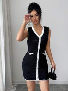 Elenzga Women's Contrast Trim V-Neck Sleeveless Fitted Knit Dress, Spring/Summer - Black - View 6