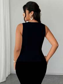 Elenzga 2025 New Plus Size Women's Elegant Fashion Daily Versatile V-Neck Open Front Pocket Decor Sleeveless Blouse, Spring/Summer - Black - View 2