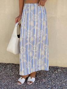 Livesso Textured Hollow Blue Floral & Geometric Print Bohemian Casual Vacation Beach Waisted Elegant Commuter Denim Skirt For Women, Spring & Summer - Mint Blue - View 5