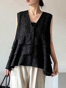 FRIFUL Áo khoác vest nữ cổ chữ V cài một hàng khuy, xếp lớp, viền bèo nhún. - màu đen - Xem 4