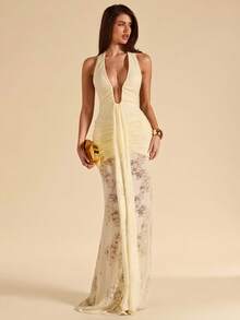 SHEIN BAE Solid Yellow Sexy Deep V-Neck Textured Bodycon Dress, Elegant Beach Vacation Dress, Spring/Summer Mesh Maxi Dress See Through Dress Transparent Dress Sexy Long Dress - Light Yellow - View 4