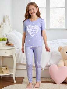 Conjunto de pijama informal y lindo para niñas con top de manga corta con estampado de corazón y leggings - Azul - Ver 4