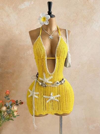 Soleia Women's Vacation Romantic Vacation Sexy Vacation Blue V-Neck Fitted Starfish Decor Halter Bow Tie Knit Crochet Mini Dress, Casual, Date, Afternoon Tea, Beach, Cruise, Road Trip, Music Festival, Party, Boho, Music Festival, Hippie, Western, Can Be Worn Inside Or Outside, Suitable For All Seasons Yellow Beach Dress Crochet Swimsuit Yellow Cover Ups For Swimwear Sexy Beach Dress