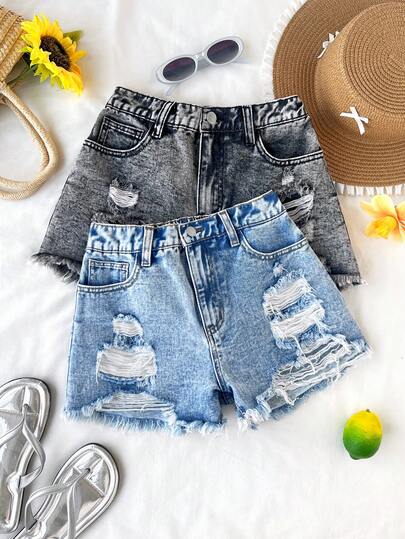 SHEIN 2pcs/Short Teen Girl Elegant Light Blue & Solid Washed Denim Low Wasit Ripped Raw Hem Denim Short,Suitable For Spring And Summer,Season Vintage//Beach/Sea/Elegant Graduation,Casual Teen Girl Jumpsuit,Summer Holidays ,Spring ,Beachs For Women,Vacations Women,Valentine's Day,Summer Holidays,Women Summer Mini Denim Short,Beach Vacation Holidays For Women