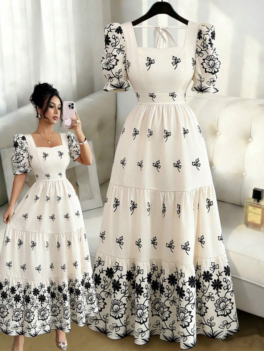 Elenzga 女士优雅印花甜心领花瓣袖层叠下摆连衣裙，度假风 - 彩色 - 查看 1