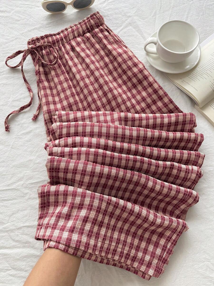 Comfortcana Summer Solid Color Textu Crinkle Fabric Loose Drawstring Tie Waist Casual Vacation Wide Leg Pants, Plus Size Plaid Casual Pants Cottagecore Pants Women Gingham Pants Summer Plaid Bottoms Red Gingham Pants Summer Plaid Pants Gingham Wide Leg Pants - Red - View 1