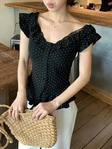 DAZY Women's Ruffled Polka Dot Korean Style Summer T-Shirt - Black - View 8