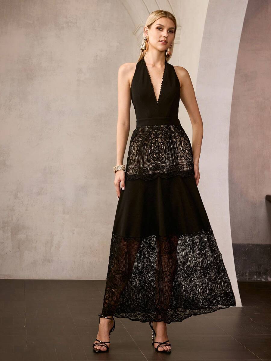 MOTF Soiréza VESTIDOS LARGOS ELEGANTES SIN MANGAS CON CUELLO DE HALTER PARA MUJER CON ADORNO DE ENCAJE, IDEALES PARA BODAS, CENAS DE GALA, FIESTAS, CELEBRACIONES, VESTIDOS DE PRIMAVERA, ATUENDOS DE VERANO