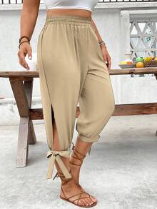 Linhara CURVE Quần lửng cạp cao có dây rút cỡ lớn, dáng 7/8, thích hợp cho mùa xuân/hè. - Màu Khaki - Xem 6