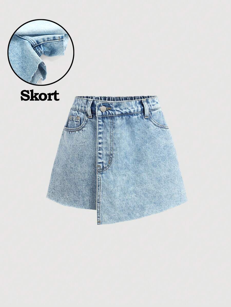 Girlism Váy quần denim wash kiểu Y2K cạp lệch, màu wash nhạt Y2K dành cho bé gái tuổi teen, phong cách boho mùa hè, đi biển, dự tiệc hòa nhạc, lễ hội âm nhạc, ngày Valentine. - Rửa nhẹ - Xem 1