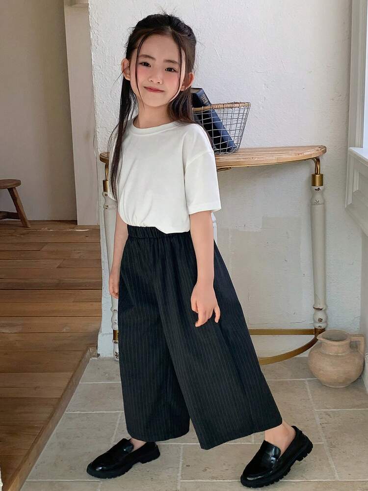 Young Girl Elastic Waist Striped Wide Leg Loose Casual Pants