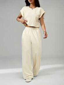 SHEIN PETITE Apricot T-Shirt And Pants Women's Loungewear Set, Suitable For Spring And Summer - Apricot - View 4