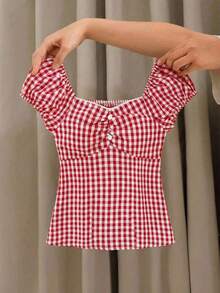 SHEIN 年轻女孩休闲简约舒适格子露背吊带衬衫 - 紅色 - 查看 3