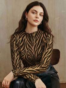 Anewsta Elegant Black Mock Neck Textured Silver & Gold Pleated Slim Fit Long Sleeve T-Shirt, Plus Size For Autumn - Gold - View 6