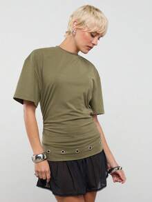 COUREZ Short Sleeve T-Shirt With Tie Hem Detail - Army Green - View 6