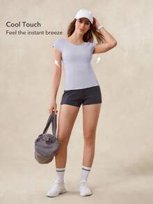 OutZeal Áo tập gym nữ, áo thun thể thao màu trơn, mùa hè xuân, tennis, yoga, áo casual, thoáng mát, ôm sát, tay ngắn, giúp kiểm soát vòng bụng, thích hợp cho hoạt động thể thao. - Màu tím - Xem 3
