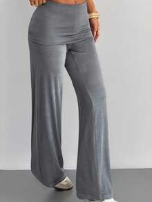 SHEIN EZwear Women's Casual Folding Waist Grey Knit Wide Leg Pants Grey Pants Flared Sweatpants Grey Fold Over Pants - Grey - View 5