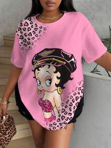 Betty Boop x SHEIN 大码女式休闲时尚街头风卡通人物豹纹宽松短袖T恤，夏季 - 白色 - 查看 3