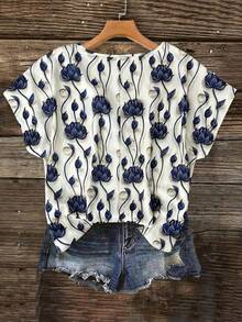 Breezaya Plus Size Women Floral Print V-Neck Batwing Sleeve Blouse - Multicolor - View 2