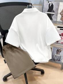 SHEIN 两件套儿童/青少年男童休闲韩版纯色Polo领贴花衬衫和宽松短裤套装，黑白配色，适合通勤、上学、日常休闲、旅行、运动，春夏秋冬皆宜。 - 卡其色 - 查看 2