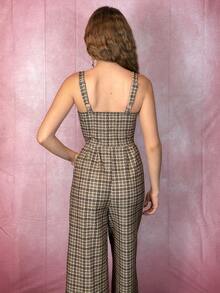 Aless PB 无袖格子连体裤，带吊带和收腰，复古风格，格子连体裤，阔腿裤，卡其裤，老钱风格，返校服装，秋季女装，90 年代时尚连体裤， - 摩卡棕 - 查看 2