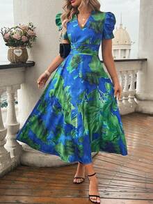 Breezaya 女士夏季V领热带植物印花短泡泡袖长连衣裙套装 - 藍色 - 查看 5