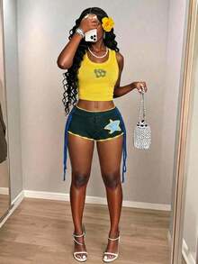 Slaydiva 早春新款，春夏音乐节，情人节，复活节休闲简约基础款Y2K街头甜美畅销款，日常约会，辣妹风，性感运动风，休闲度假圆领无袖LA英式羊毛上衣，黄色背心+超短裤，迷你裤，流苏装饰，星形钩针图案，深绿色短裤，女士毛衣套装 -A - 彩色 - 查看 2