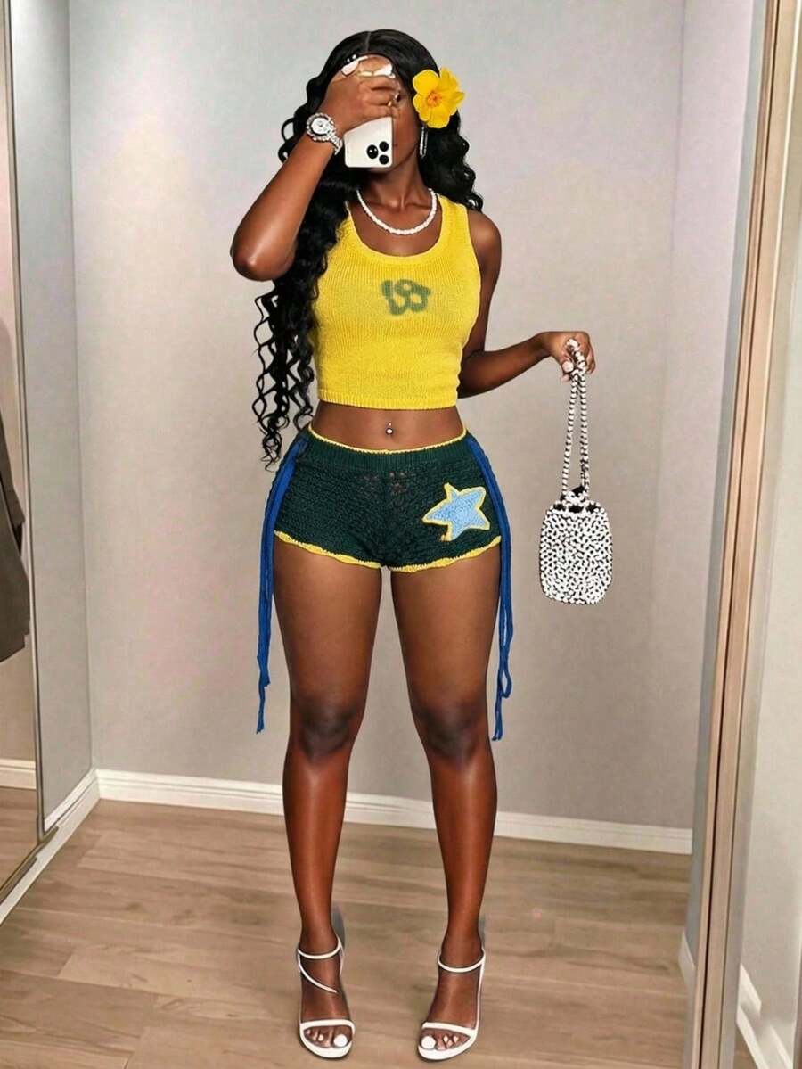 Slaydiva 早春新款，春夏音乐节，情人节，复活节休闲简约基础款Y2K街头甜美畅销款，日常约会，辣妹风，性感运动风，休闲度假圆领无袖LA英式羊毛上衣，黄色背心+超短裤，迷你裤，流苏装饰，星形钩针图案，深绿色短裤，女士毛衣套装 -A