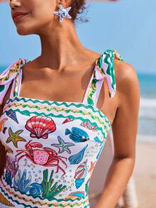 Travachic Women's Starfish & Crab Print One-Piece Swimsuit, Suitable For Beach Vacation, Pool Party, Beach Party - Multicolor - View 9