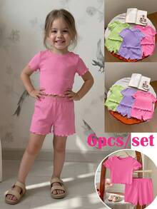 SHEIN 6pcs/Set Young Girl Solid Color Knit Crew Neck Casual T-Shirt And Shorts Set - Multicolor - View 1